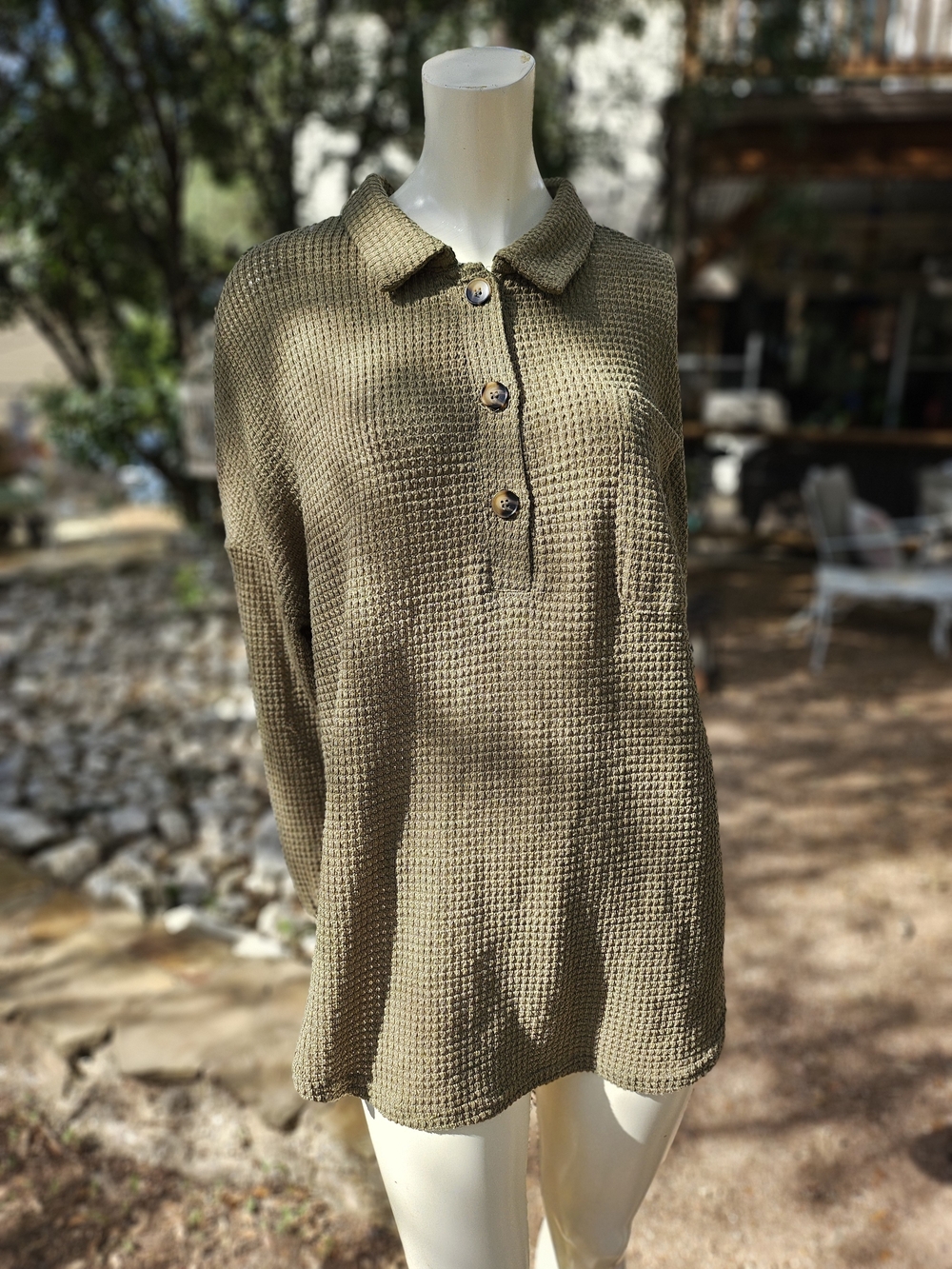Waffle-Knit Long Sleeve Bloyse Pullover - Olive Green L